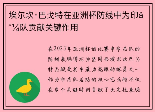 埃尔坎·巴戈特在亚洲杯防线中为印尼队贡献关键作用