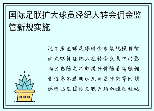 国际足联扩大球员经纪人转会佣金监管新规实施 国际足联扩大球员经纪人转会佣金监管新规实施